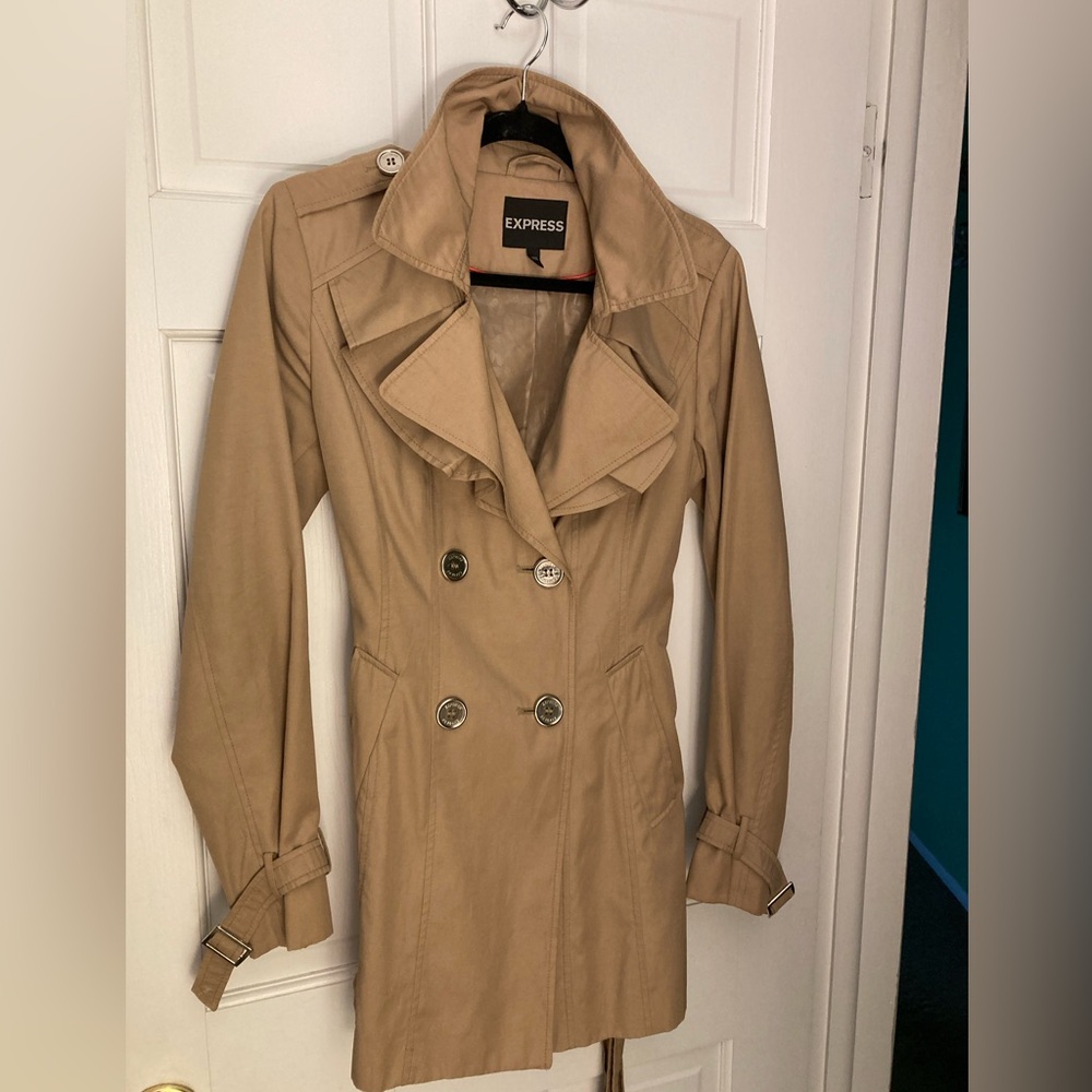 Trench Coat Mid Thigh Length Express Lined Belted Extra Ruffle at Collar Sz Sm
